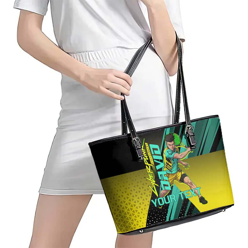 Personalized David Tennis Design Leather Tote Bag with a Cyberpunk Theme, Edgerunners Features Neon Green and Yellow Styling and a Powerful Pose