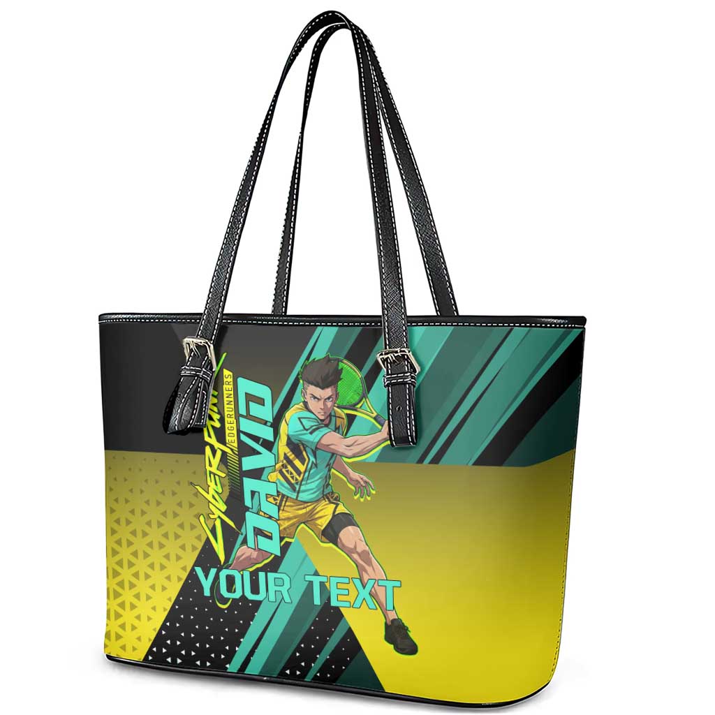 Personalized David Tennis Design Leather Tote Bag with a Cyberpunk Theme, Edgerunners Features Neon Green and Yellow Styling and a Powerful Pose