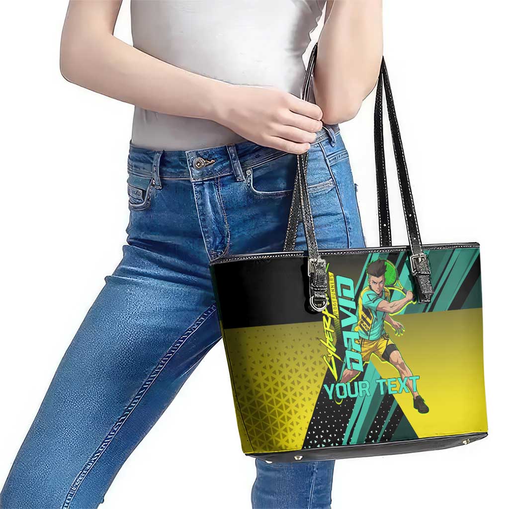 Personalized David Tennis Design Leather Tote Bag with a Cyberpunk Theme, Edgerunners Features Neon Green and Yellow Styling and a Powerful Pose
