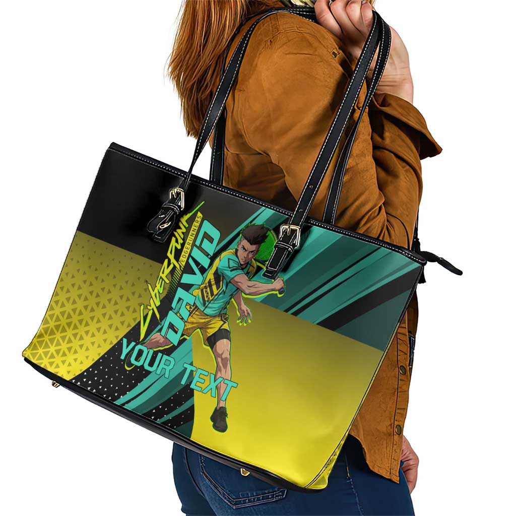 Personalized David Tennis Design Leather Tote Bag with a Cyberpunk Theme, Edgerunners Features Neon Green and Yellow Styling and a Powerful Pose