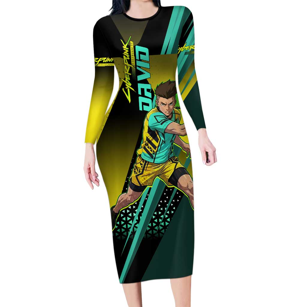 Personalized David Tennis Design Long Sleeve Bodycon Dress with a Cyberpunk Theme, Edgerunners Features Neon Green and Yellow Styling and a Powerful Pose