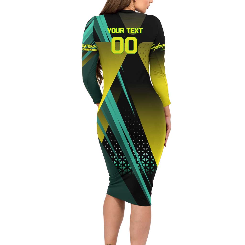 Personalized David Tennis Design Long Sleeve Bodycon Dress with a Cyberpunk Theme, Edgerunners Features Neon Green and Yellow Styling and a Powerful Pose