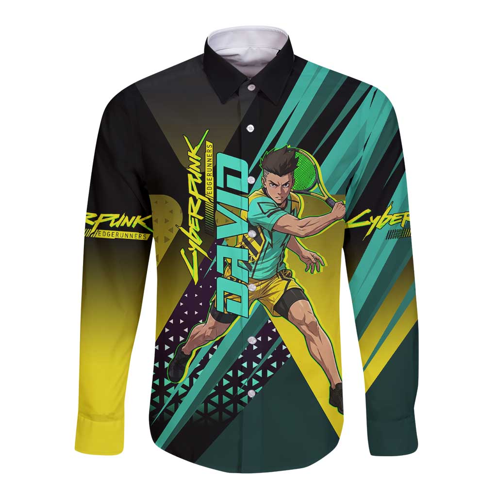 Personalized David Tennis Design Long Sleeve Button Shirt with a Cyberpunk Theme, Edgerunners Features Neon Green and Yellow Styling and a Powerful Pose