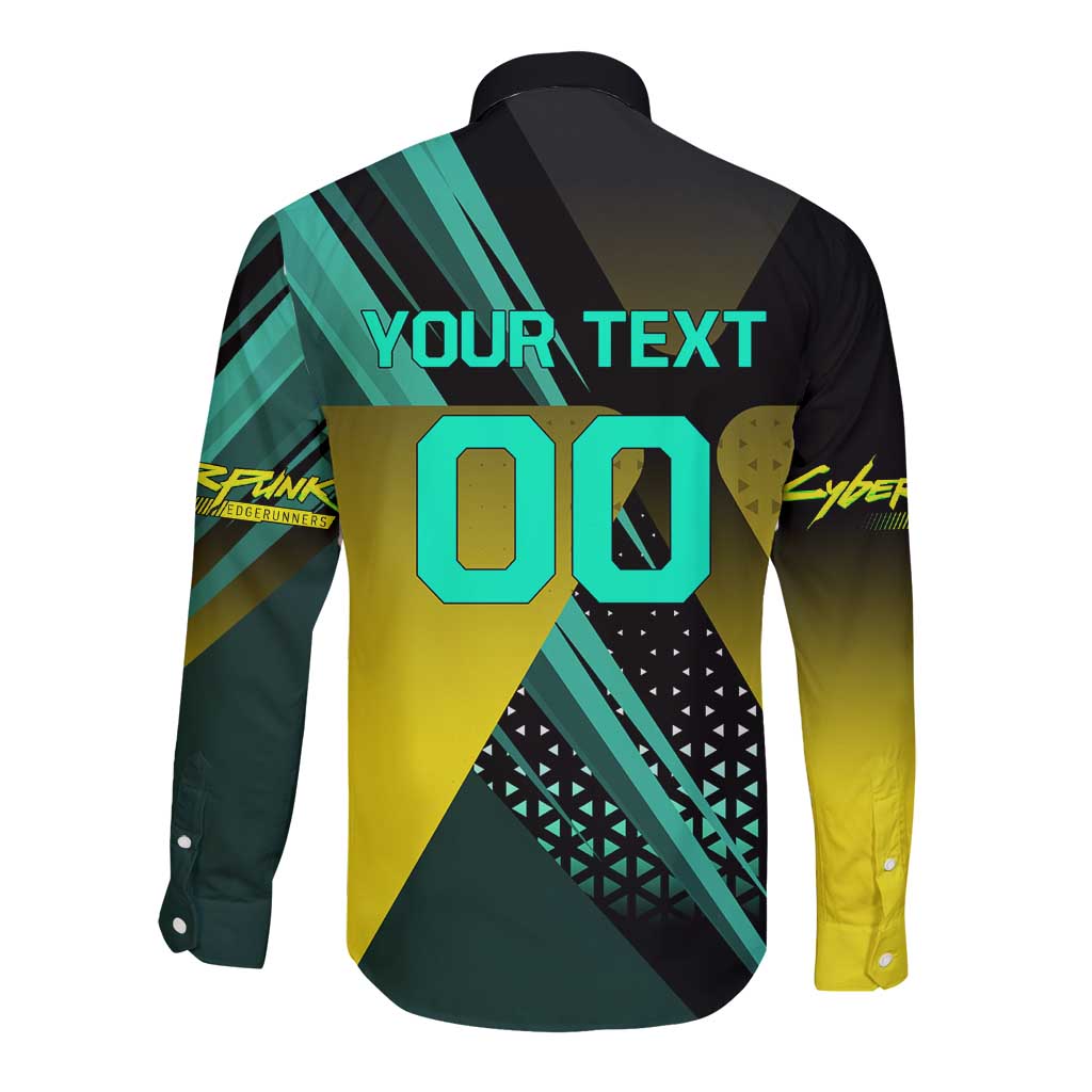 Personalized David Tennis Design Long Sleeve Button Shirt with a Cyberpunk Theme, Edgerunners Features Neon Green and Yellow Styling and a Powerful Pose
