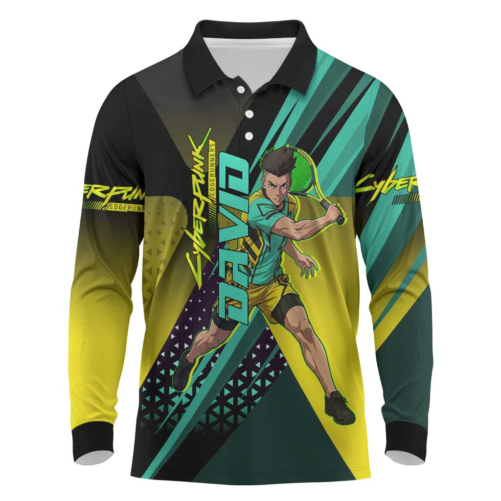 Personalized David Tennis Design Long Sleeve Polo Shirt with a Cyberpunk Theme, Edgerunners Features Neon Green and Yellow Styling and a Powerful Pose