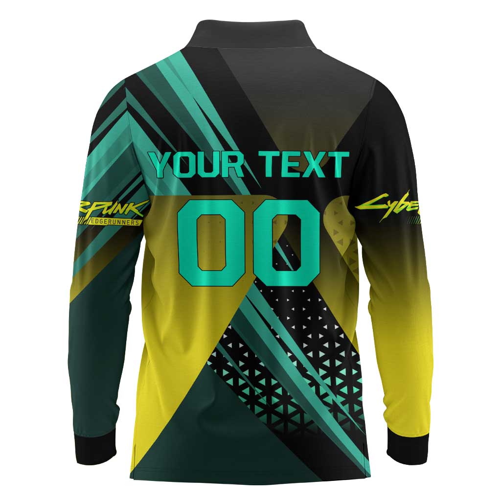 Personalized David Tennis Design Long Sleeve Polo Shirt with a Cyberpunk Theme, Edgerunners Features Neon Green and Yellow Styling and a Powerful Pose