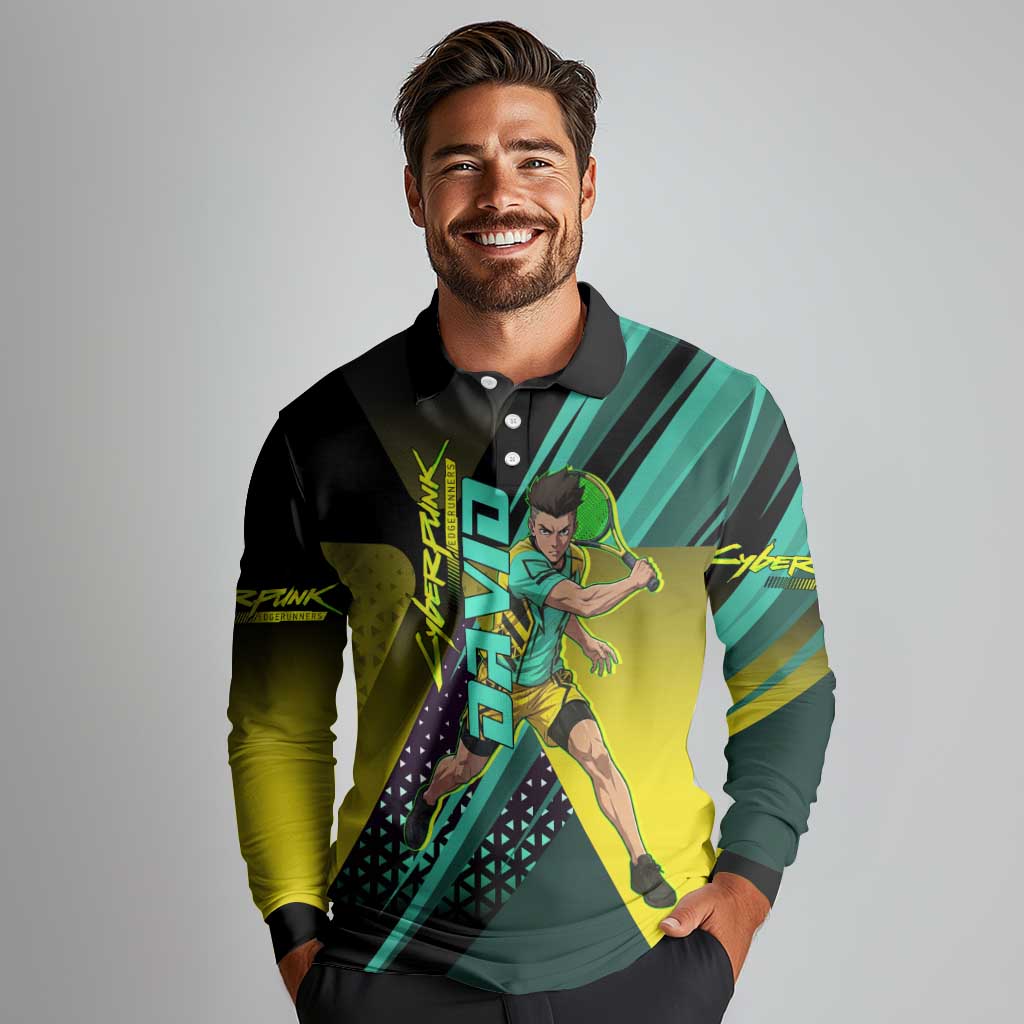 Personalized David Tennis Design Long Sleeve Polo Shirt with a Cyberpunk Theme, Edgerunners Features Neon Green and Yellow Styling and a Powerful Pose