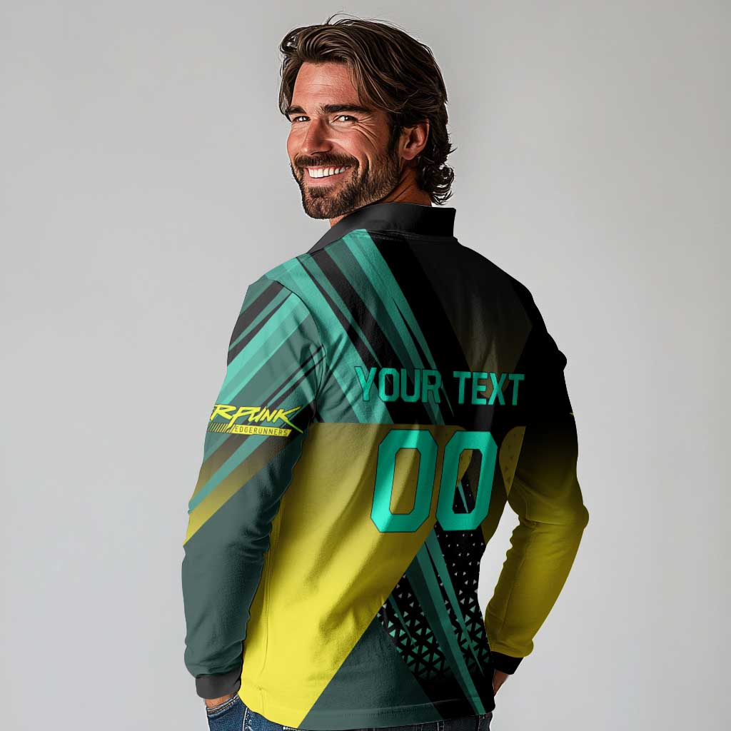 Personalized David Tennis Design Long Sleeve Polo Shirt with a Cyberpunk Theme, Edgerunners Features Neon Green and Yellow Styling and a Powerful Pose