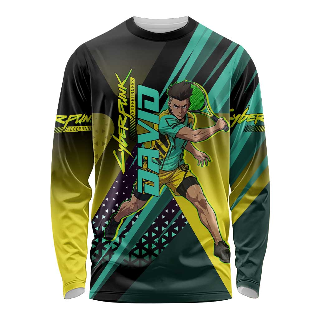 Personalized David Tennis Design Long Sleeve Shirt with a Cyberpunk Theme, Edgerunners Features Neon Green and Yellow Styling and a Powerful Pose