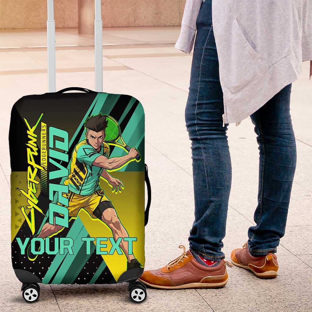 Personalized David Tennis Design Luggage Cover with a Cyberpunk Theme, Edgerunners Features Neon Green and Yellow Styling and a Powerful Pose