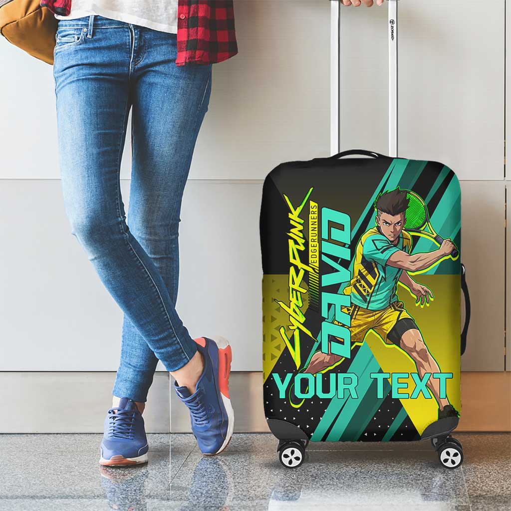 Personalized David Tennis Design Luggage Cover with a Cyberpunk Theme, Edgerunners Features Neon Green and Yellow Styling and a Powerful Pose