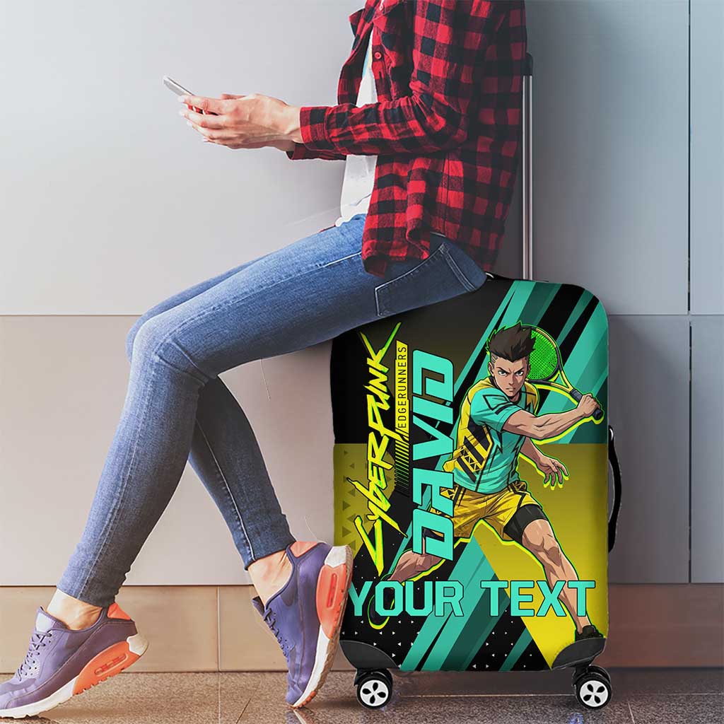 Personalized David Tennis Design Luggage Cover with a Cyberpunk Theme, Edgerunners Features Neon Green and Yellow Styling and a Powerful Pose