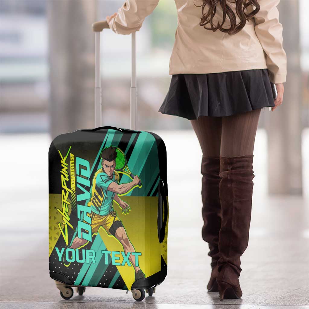 Personalized David Tennis Design Luggage Cover with a Cyberpunk Theme, Edgerunners Features Neon Green and Yellow Styling and a Powerful Pose