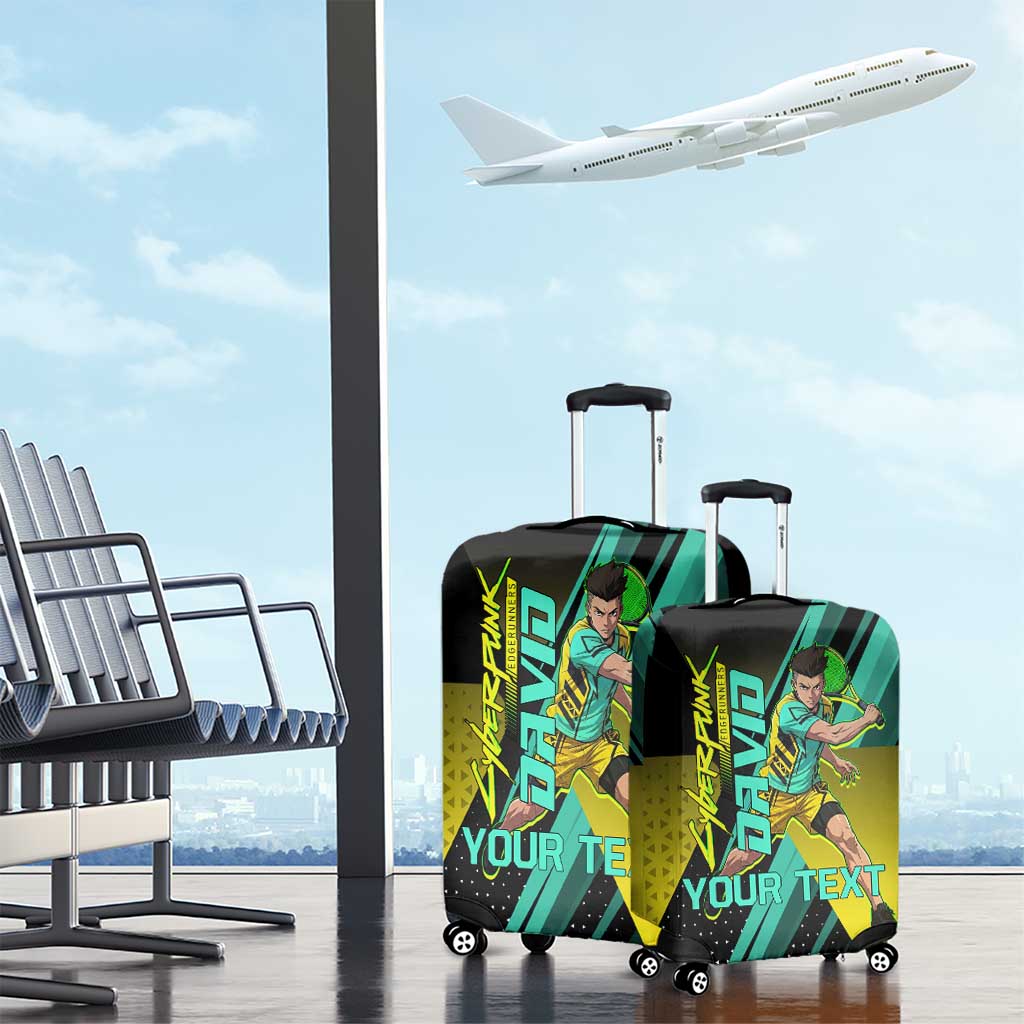 Personalized David Tennis Design Luggage Cover with a Cyberpunk Theme, Edgerunners Features Neon Green and Yellow Styling and a Powerful Pose