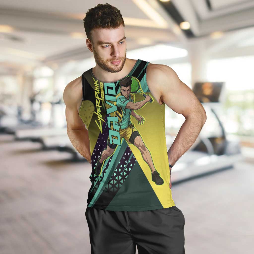 Personalized David Tennis Design Men Tank Top with a Cyberpunk Theme, Edgerunners Features Neon Green and Yellow Styling and a Powerful Pose