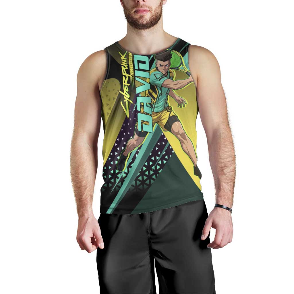 Personalized David Tennis Design Men Tank Top with a Cyberpunk Theme, Edgerunners Features Neon Green and Yellow Styling and a Powerful Pose