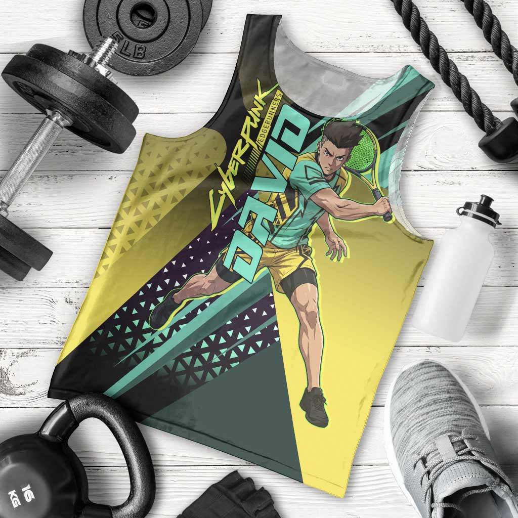 Personalized David Tennis Design Men Tank Top with a Cyberpunk Theme, Edgerunners Features Neon Green and Yellow Styling and a Powerful Pose