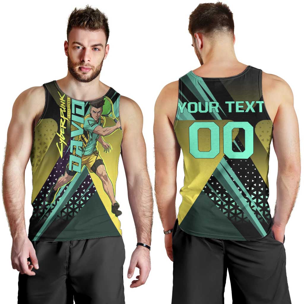 Personalized David Tennis Design Men Tank Top with a Cyberpunk Theme, Edgerunners Features Neon Green and Yellow Styling and a Powerful Pose