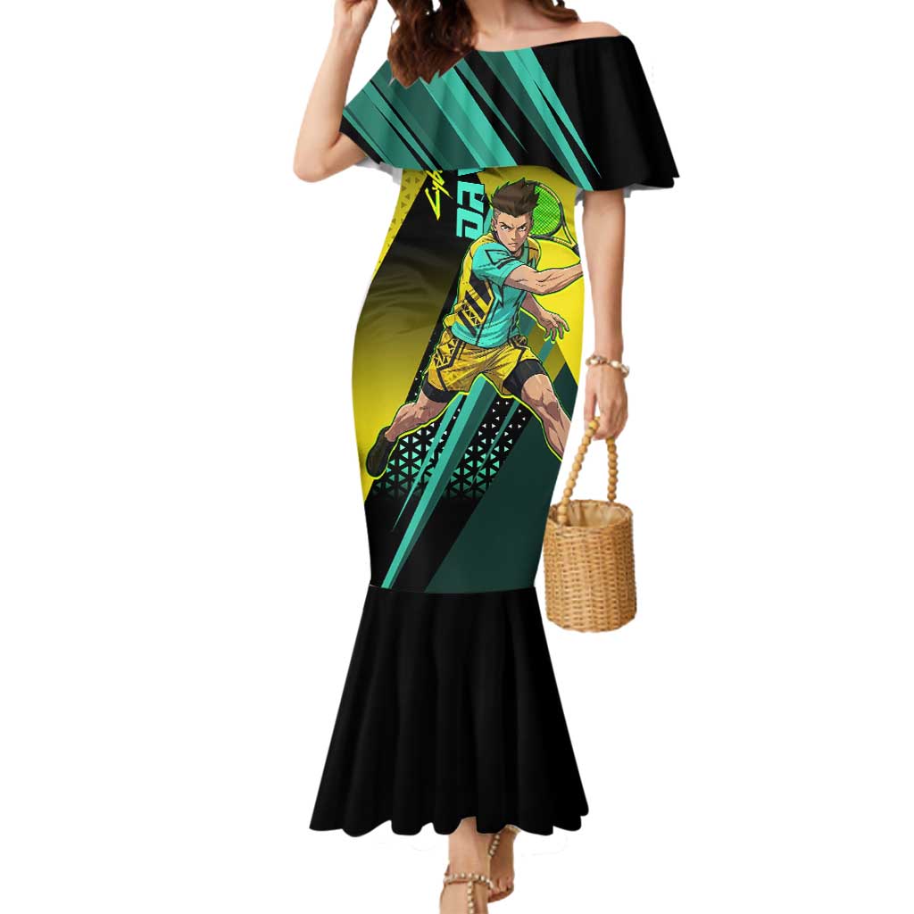 Personalized David Tennis Design Mermaid Dress with a Cyberpunk Theme, Edgerunners Features Neon Green and Yellow Styling and a Powerful Pose