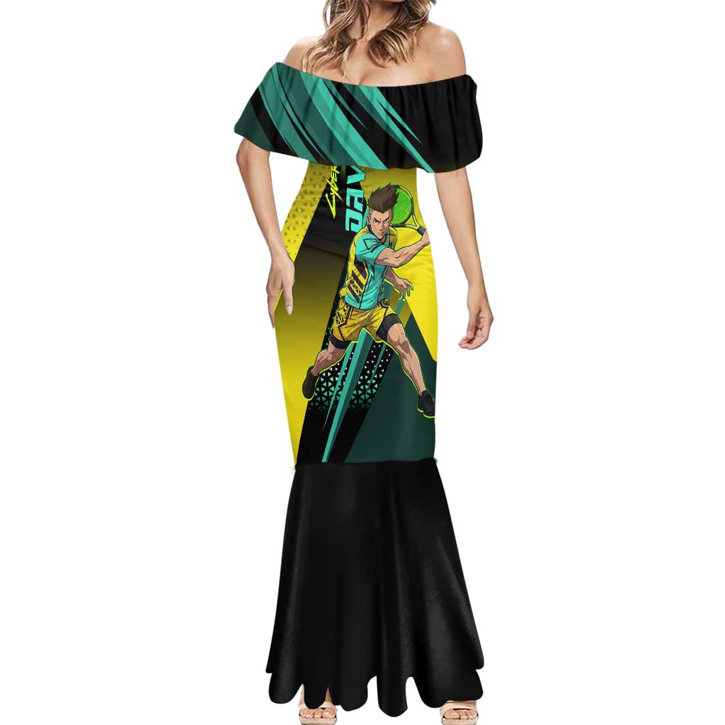 Personalized David Tennis Design Mermaid Dress with a Cyberpunk Theme, Edgerunners Features Neon Green and Yellow Styling and a Powerful Pose