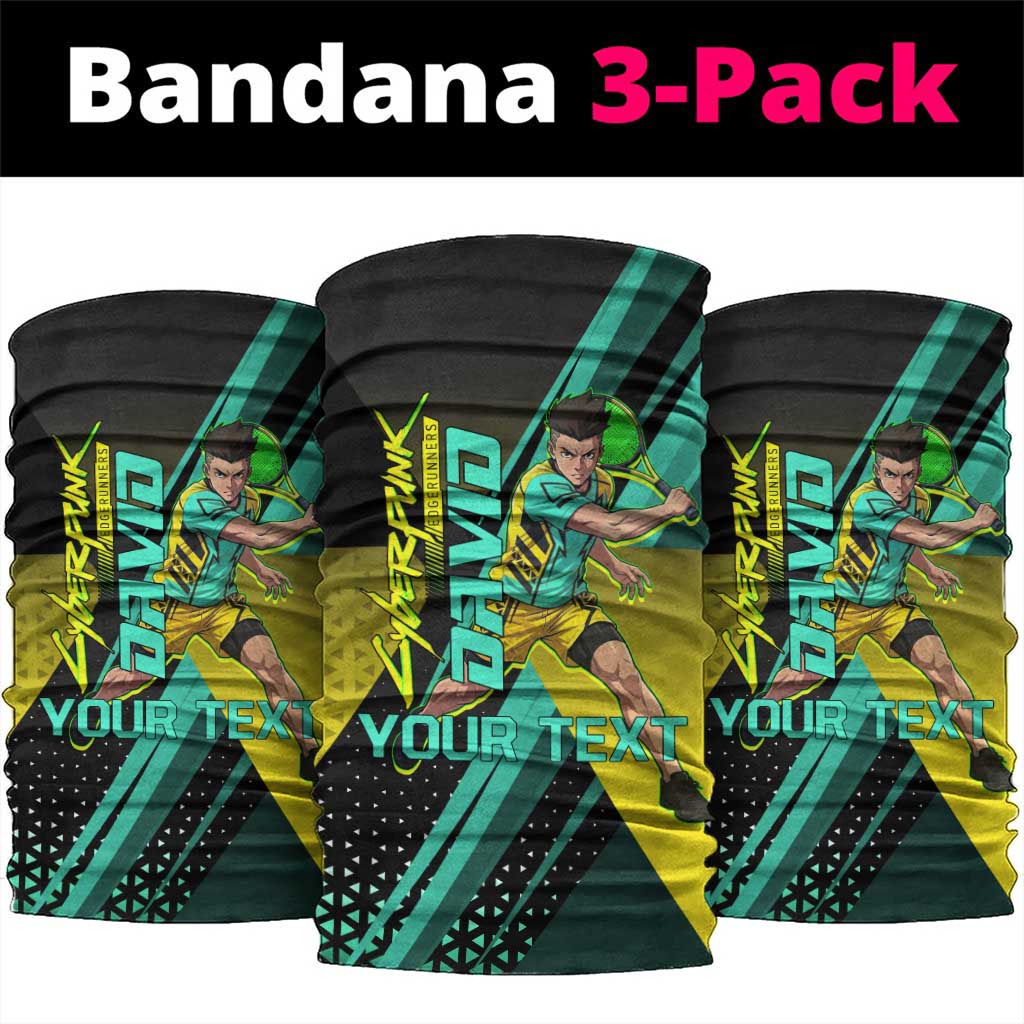 Personalized David Tennis Design Neck Gaiter with a Cyberpunk Theme, Edgerunners Features Neon Green and Yellow Styling and a Powerful Pose