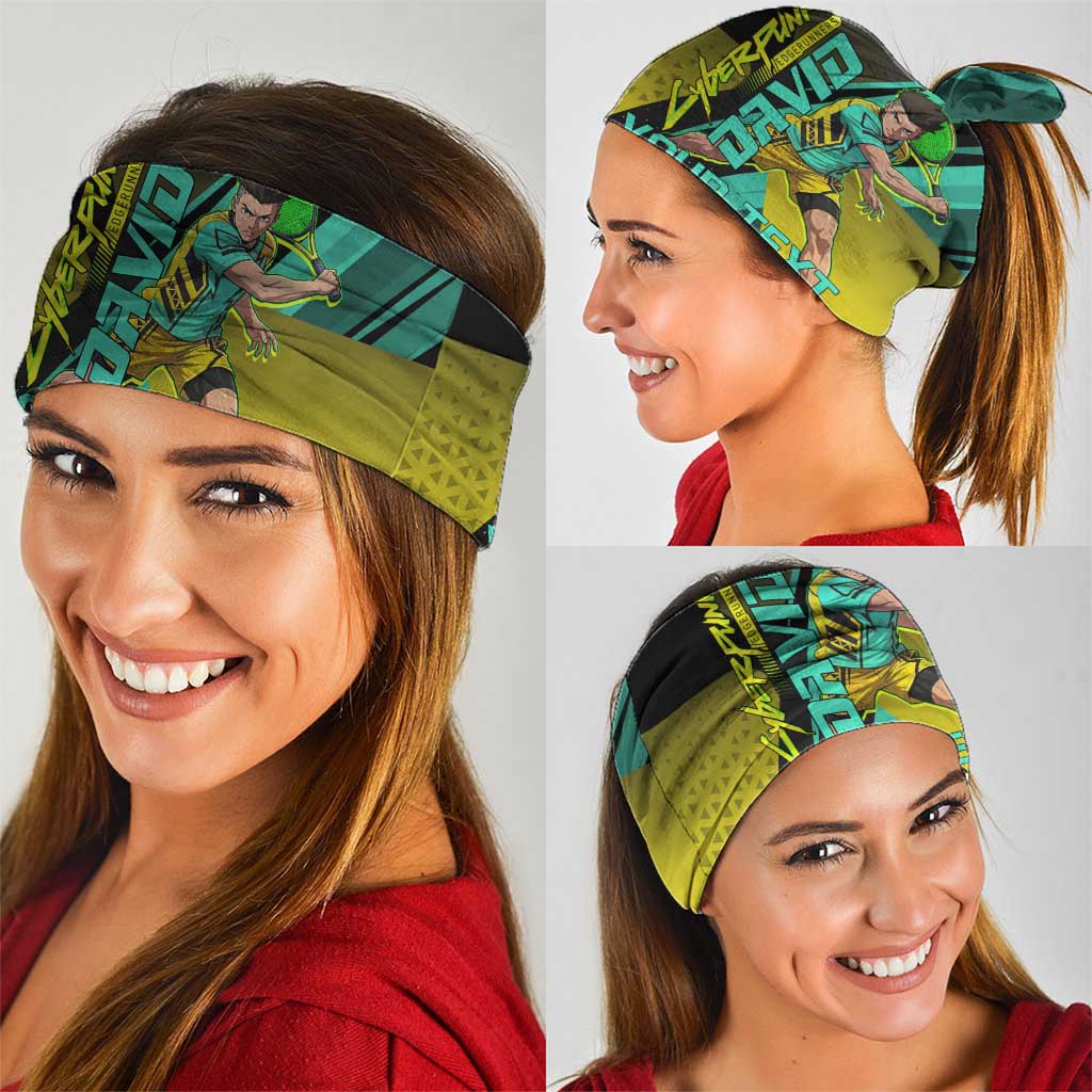 Personalized David Tennis Design Neck Gaiter with a Cyberpunk Theme, Edgerunners Features Neon Green and Yellow Styling and a Powerful Pose
