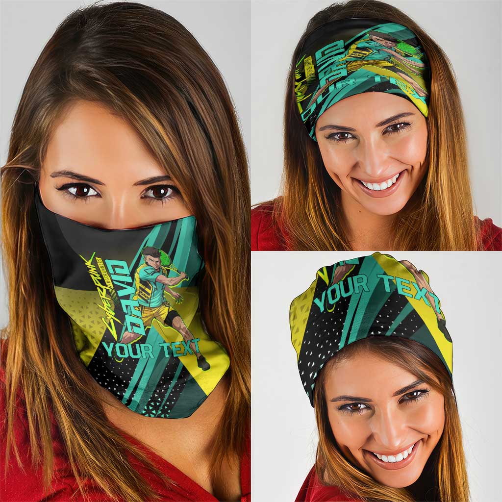 Personalized David Tennis Design Neck Gaiter with a Cyberpunk Theme, Edgerunners Features Neon Green and Yellow Styling and a Powerful Pose
