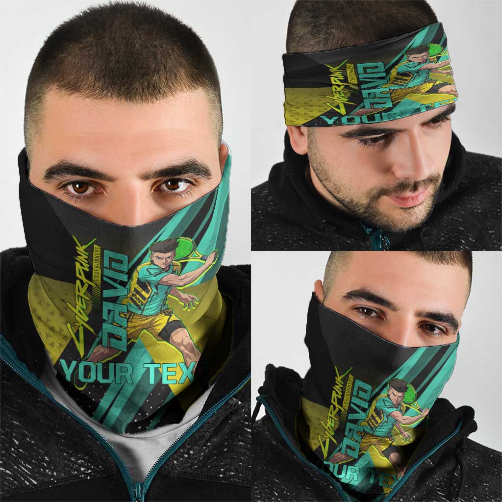 Personalized David Tennis Design Neck Gaiter with a Cyberpunk Theme, Edgerunners Features Neon Green and Yellow Styling and a Powerful Pose