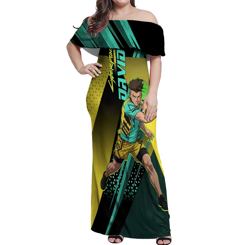 Personalized David Tennis Design Off Shoulder Maxi Dress with a Cyberpunk Theme, Edgerunners Features Neon Green and Yellow Styling and a Powerful Pose