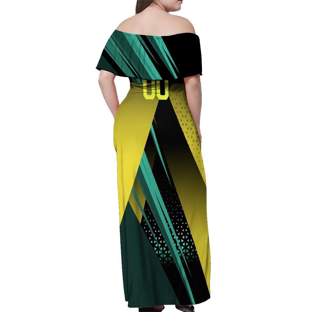 Personalized David Tennis Design Off Shoulder Maxi Dress with a Cyberpunk Theme, Edgerunners Features Neon Green and Yellow Styling and a Powerful Pose