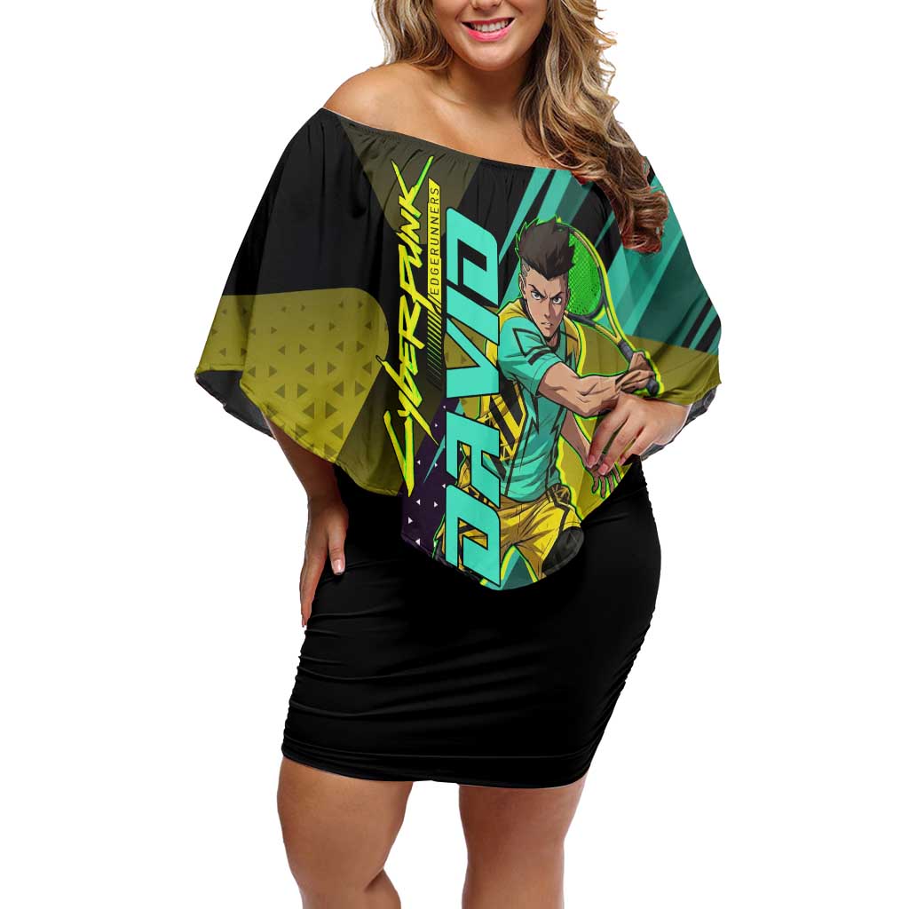 Personalized David Tennis Design Off Shoulder Short Dress with a Cyberpunk Theme, Edgerunners Features Neon Green and Yellow Styling and a Powerful Pose