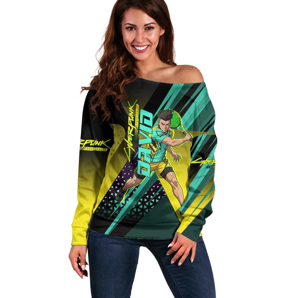 Personalized David Tennis Design Off Shoulder Sweater with a Cyberpunk Theme, Edgerunners Features Neon Green and Yellow Styling and a Powerful Pose