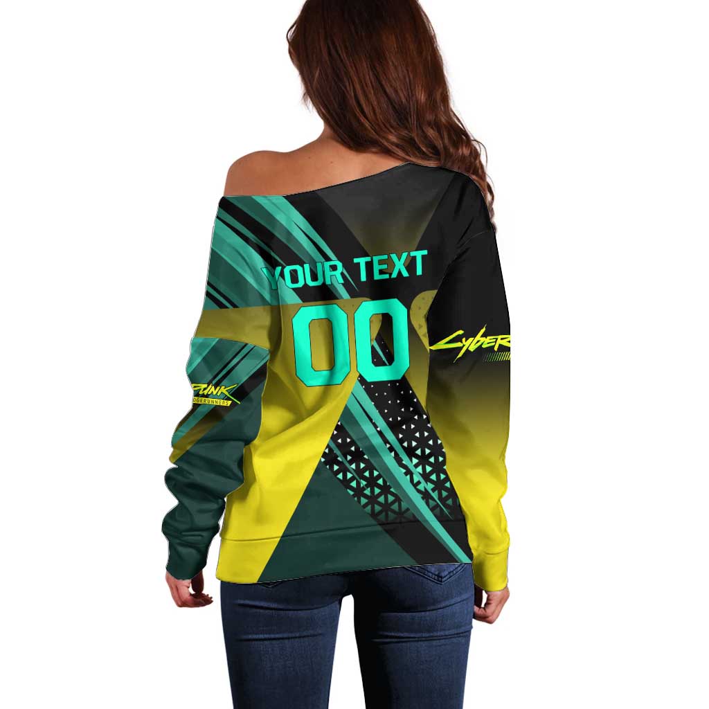 Personalized David Tennis Design Off Shoulder Sweater with a Cyberpunk Theme, Edgerunners Features Neon Green and Yellow Styling and a Powerful Pose