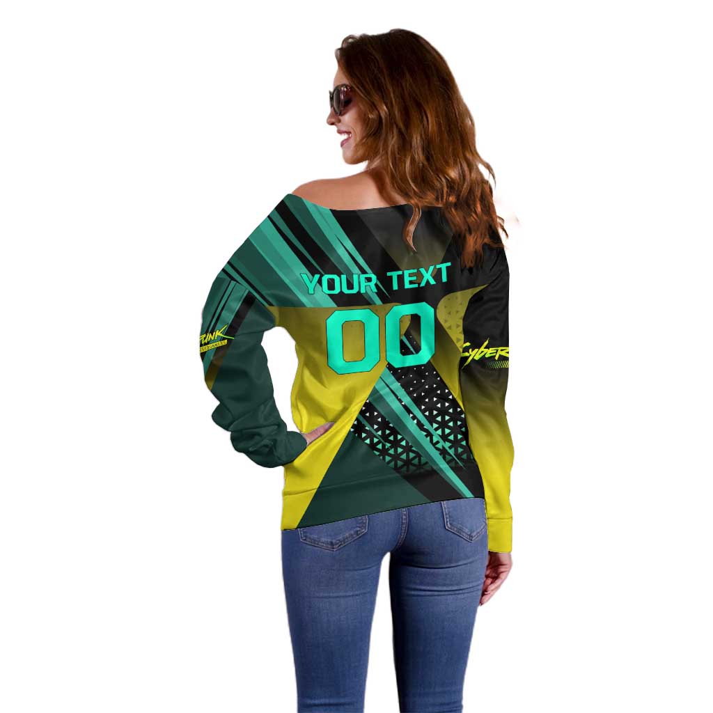 Personalized David Tennis Design Off Shoulder Sweater with a Cyberpunk Theme, Edgerunners Features Neon Green and Yellow Styling and a Powerful Pose