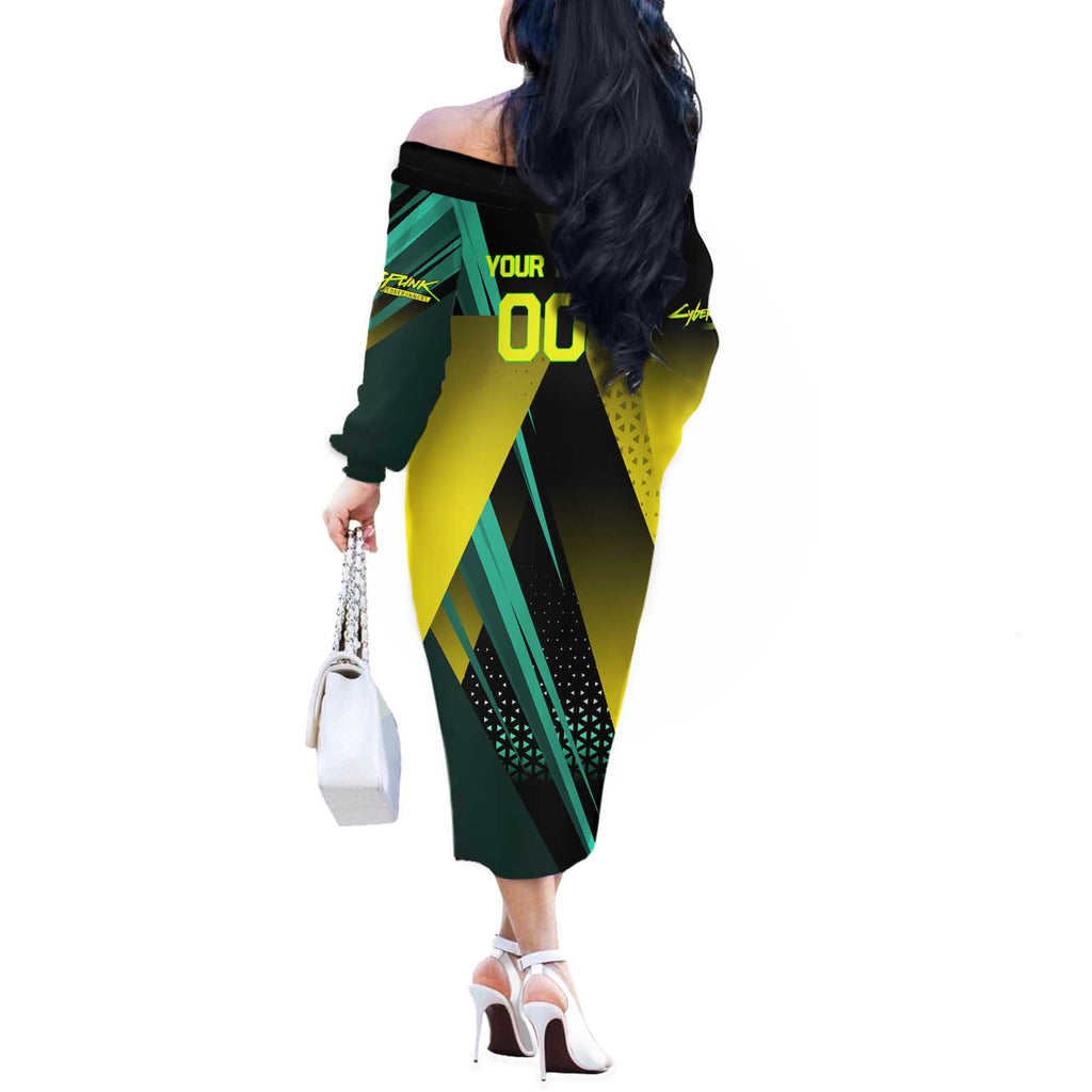 Personalized David Tennis Design Off The Shoulder Long Sleeve Dress with a Cyberpunk Theme, Edgerunners Features Neon Green and Yellow Styling and a Powerful Pose