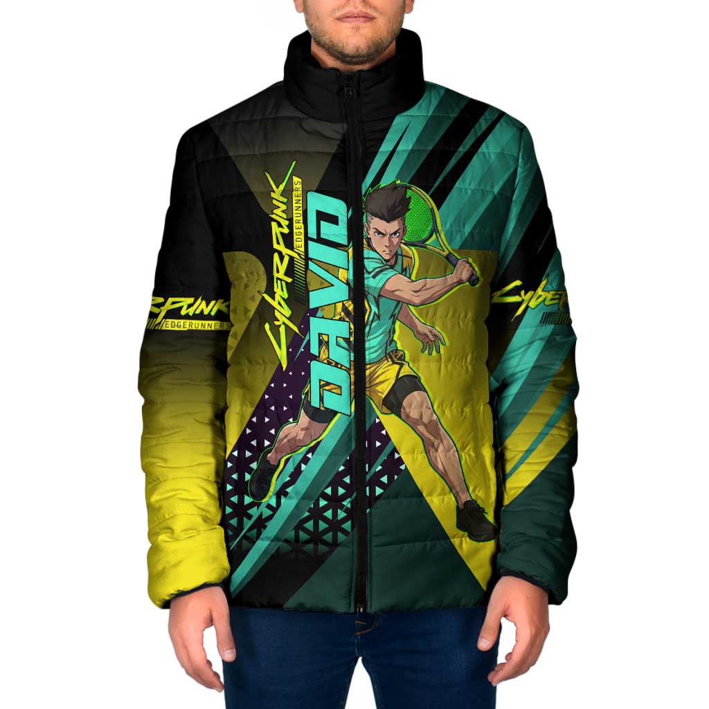 Personalized David Tennis Design Padded Jacket with a Cyberpunk Theme, Edgerunners Features Neon Green and Yellow Styling and a Powerful Pose