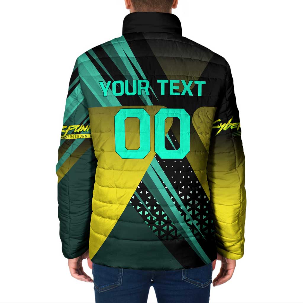 Personalized David Tennis Design Padded Jacket with a Cyberpunk Theme, Edgerunners Features Neon Green and Yellow Styling and a Powerful Pose
