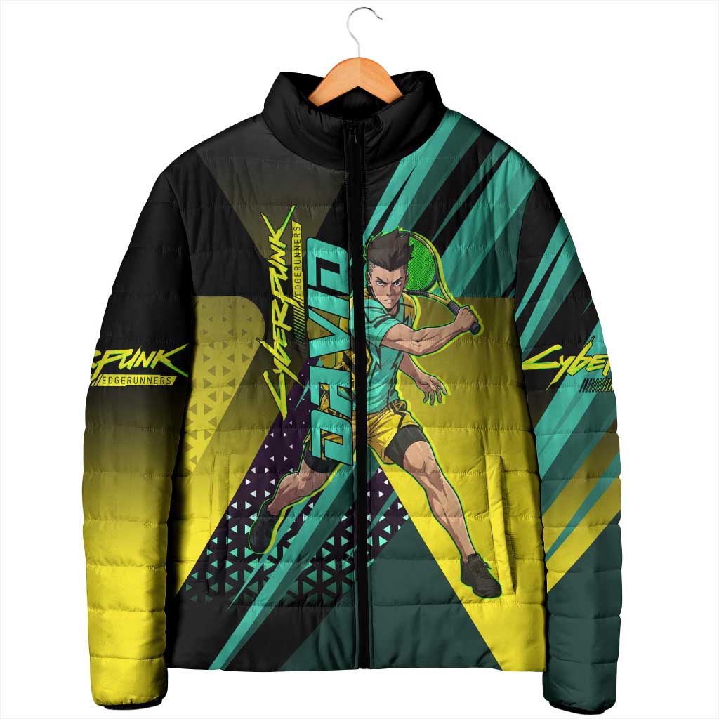 Personalized David Tennis Design Padded Jacket with a Cyberpunk Theme, Edgerunners Features Neon Green and Yellow Styling and a Powerful Pose