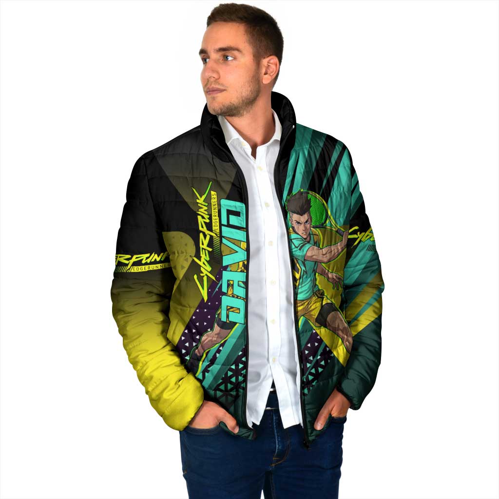 Personalized David Tennis Design Padded Jacket with a Cyberpunk Theme, Edgerunners Features Neon Green and Yellow Styling and a Powerful Pose