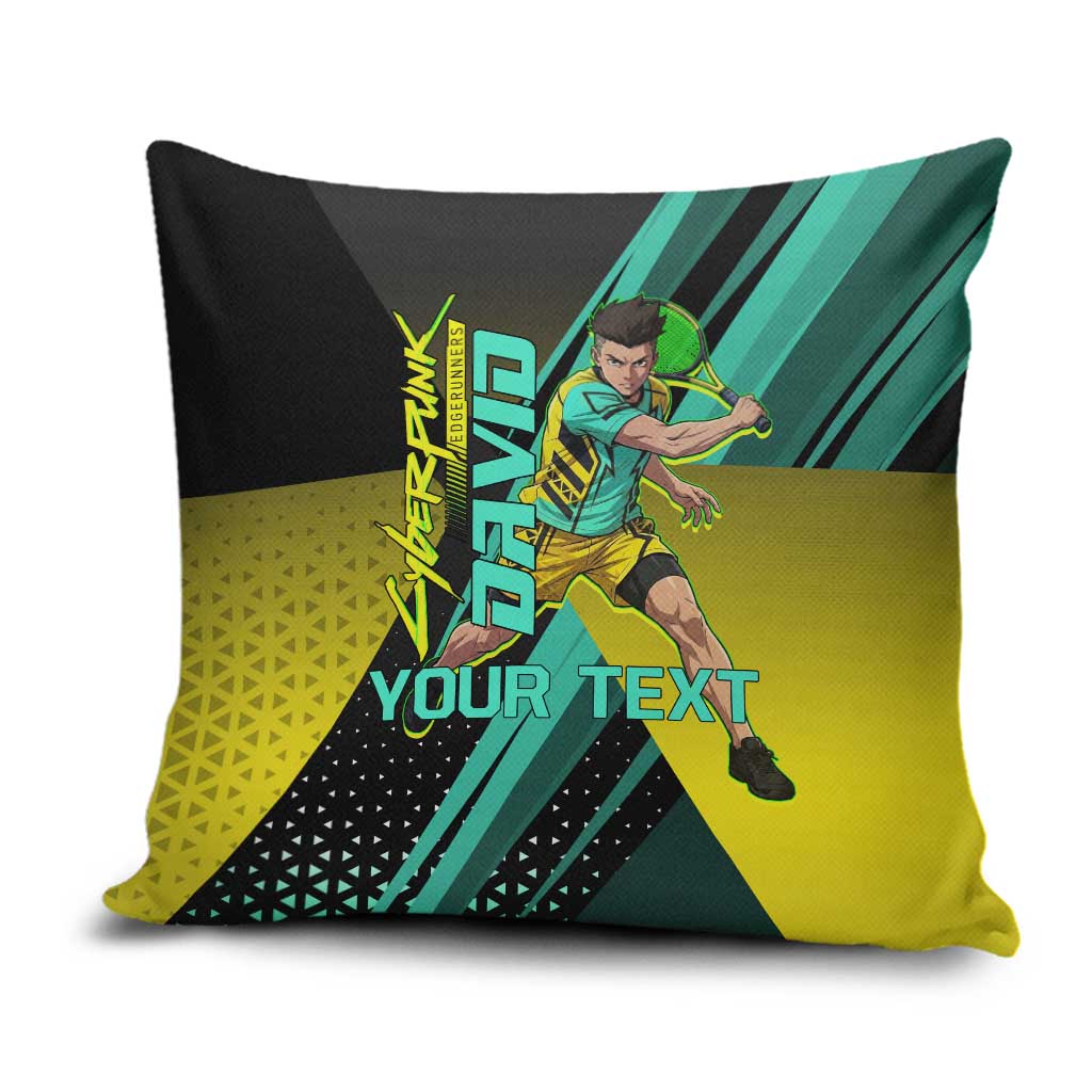 Personalized David Tennis Design Pillow Cover with a Cyberpunk Theme, Edgerunners Features Neon Green and Yellow Styling and a Powerful Pose