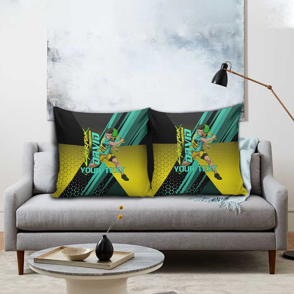 Personalized David Tennis Design Pillow Cover with a Cyberpunk Theme, Edgerunners Features Neon Green and Yellow Styling and a Powerful Pose