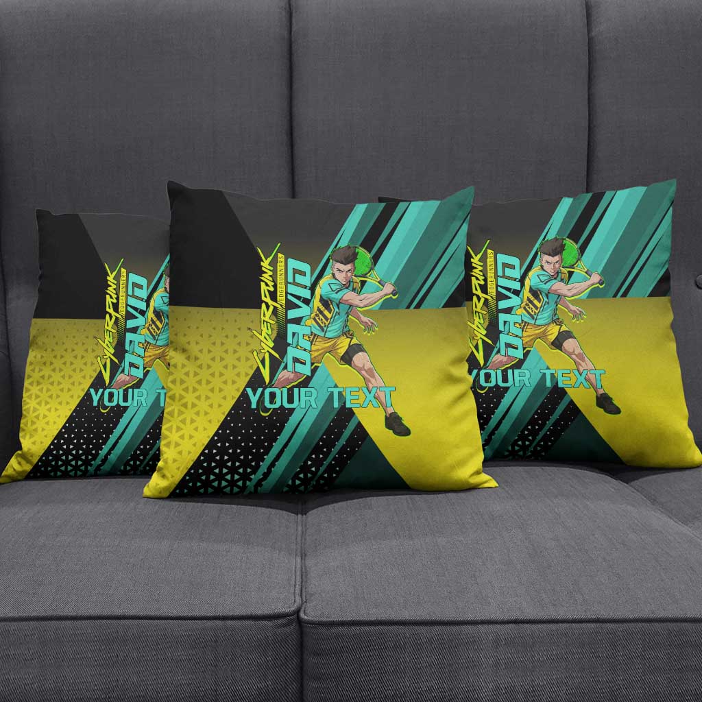 Personalized David Tennis Design Pillow Cover with a Cyberpunk Theme, Edgerunners Features Neon Green and Yellow Styling and a Powerful Pose