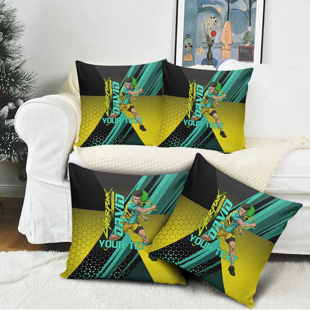 Personalized David Tennis Design Pillow Cover with a Cyberpunk Theme, Edgerunners Features Neon Green and Yellow Styling and a Powerful Pose