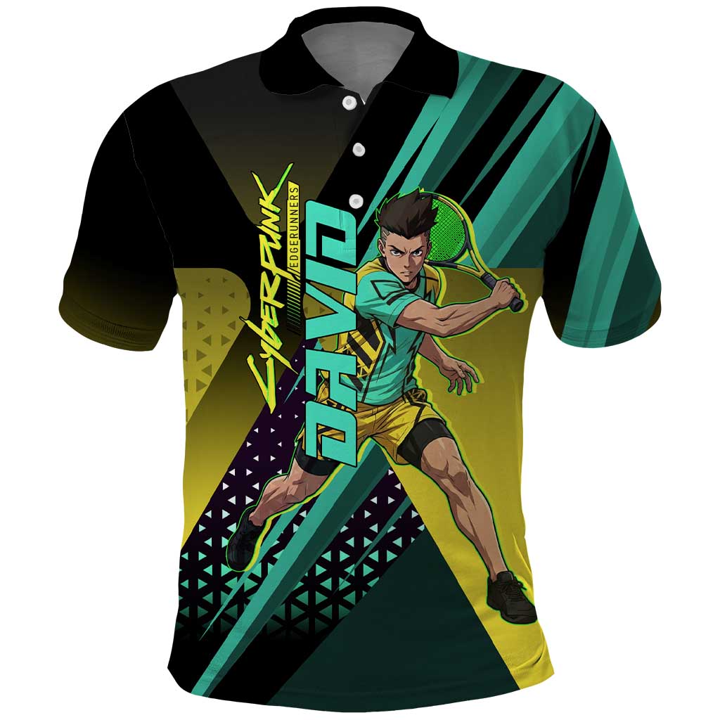 Personalized David Tennis Design Polo Shirt with a Cyberpunk Theme, Edgerunners Features Neon Green and Yellow Styling and a Powerful Pose