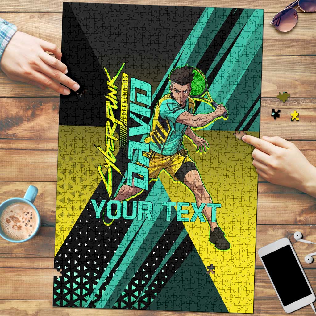 Personalized David Tennis Design Puzzle with a Cyberpunk Theme, Edgerunners Features Neon Green and Yellow Styling and a Powerful Pose