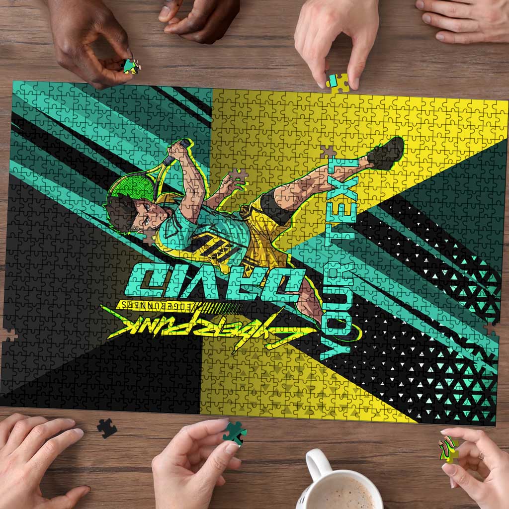 Personalized David Tennis Design Puzzle with a Cyberpunk Theme, Edgerunners Features Neon Green and Yellow Styling and a Powerful Pose