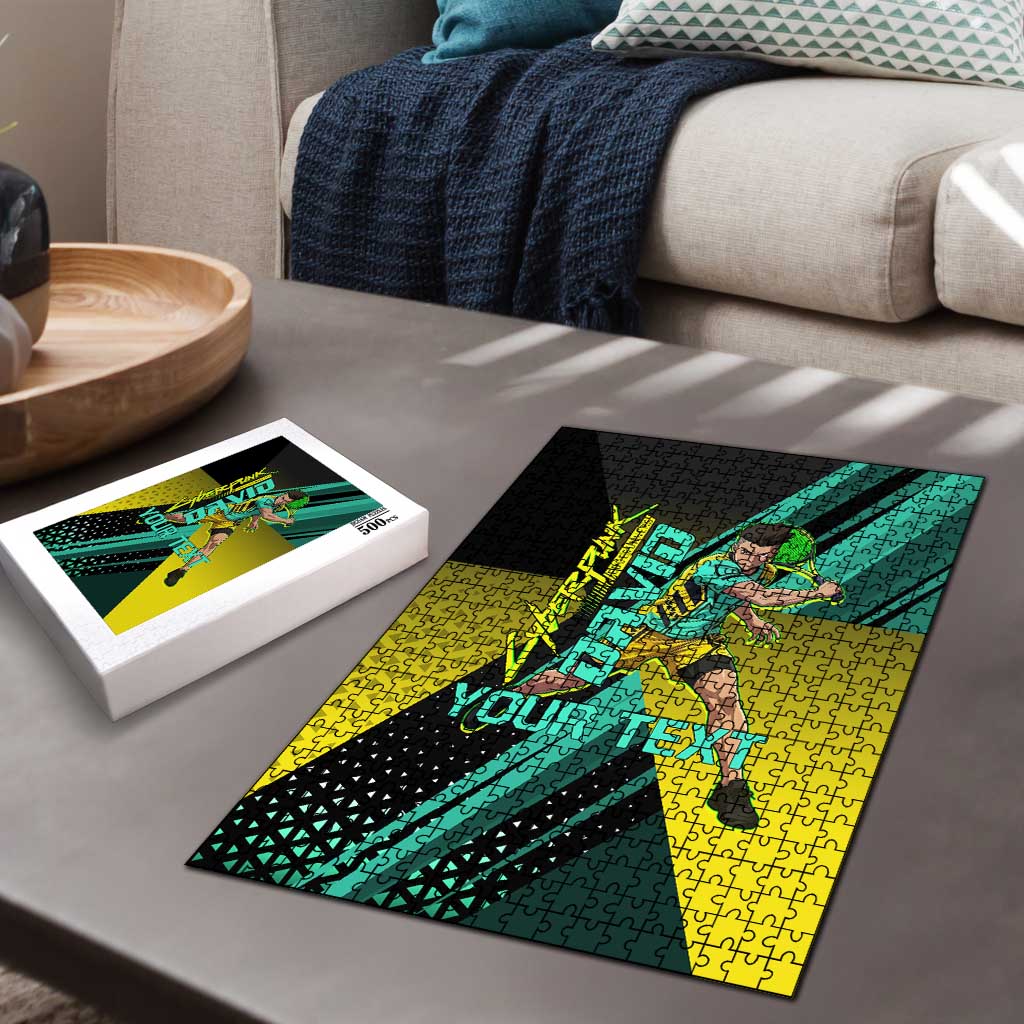 Personalized David Tennis Design Puzzle with a Cyberpunk Theme, Edgerunners Features Neon Green and Yellow Styling and a Powerful Pose