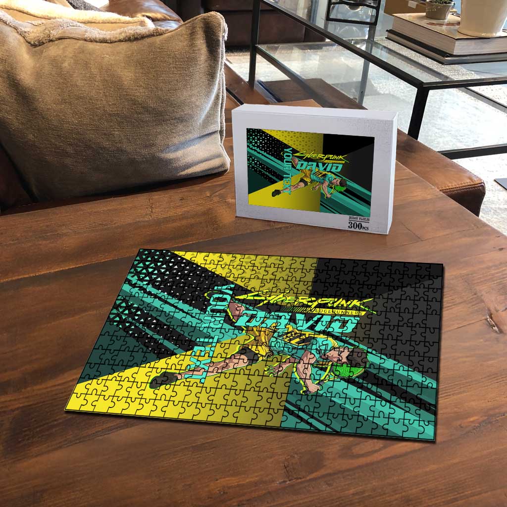Personalized David Tennis Design Puzzle with a Cyberpunk Theme, Edgerunners Features Neon Green and Yellow Styling and a Powerful Pose