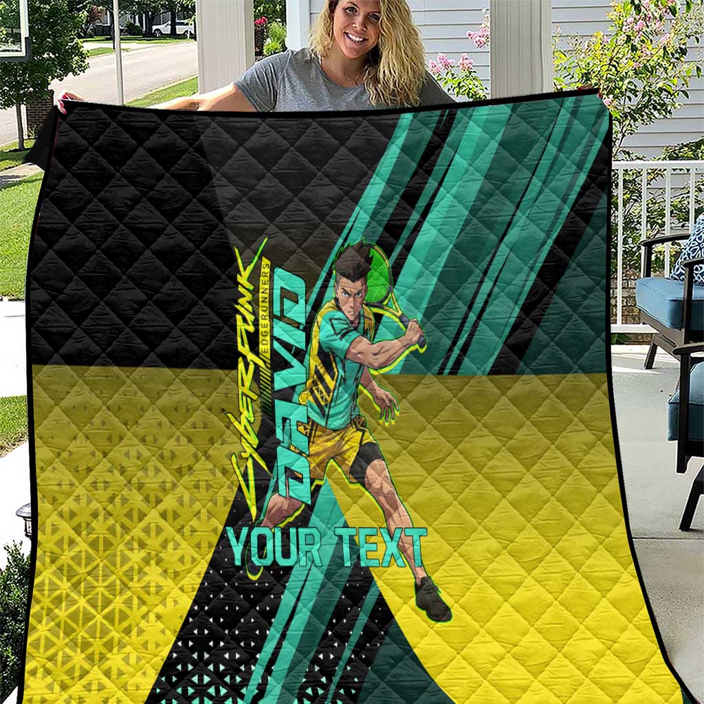 Personalized David Tennis Design Quilt with a Cyberpunk Theme, Edgerunners Features Neon Green and Yellow Styling and a Powerful Pose