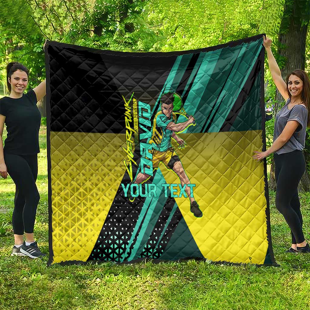 Personalized David Tennis Design Quilt with a Cyberpunk Theme, Edgerunners Features Neon Green and Yellow Styling and a Powerful Pose